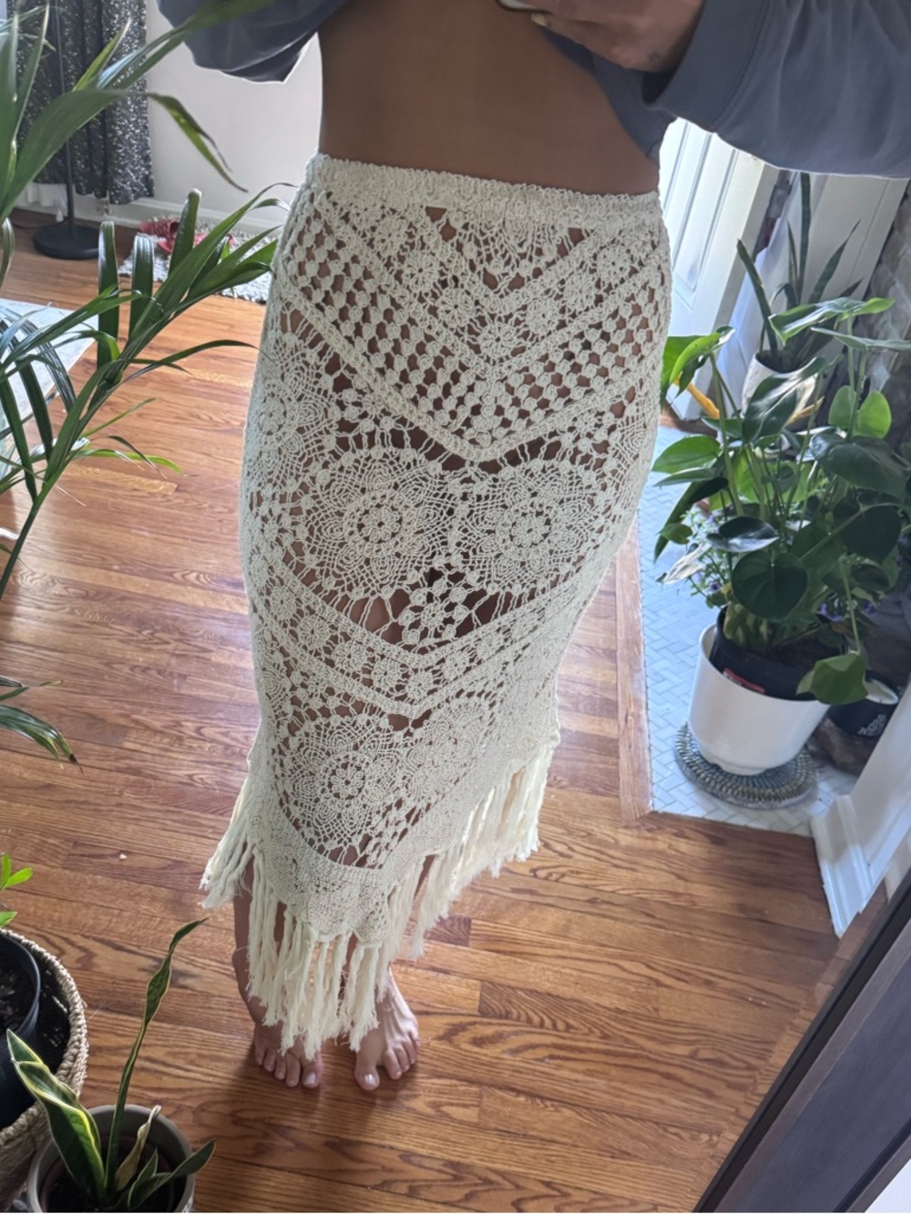 Crochet Fringe Maxi Skirt in Cream